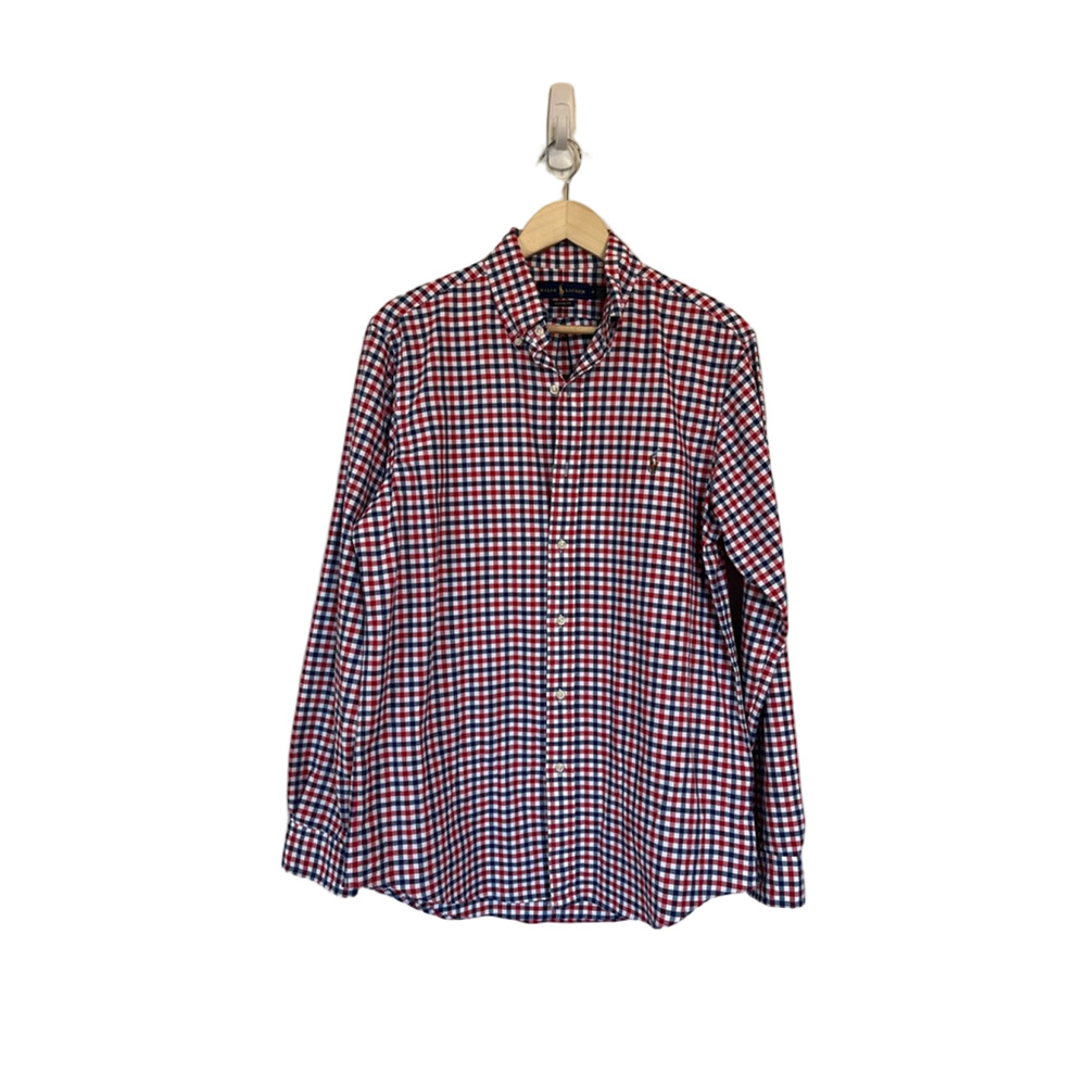 Ralph Lauren Red Navy Blue White Gingham Casual Button Down Shirt 100% Cotton